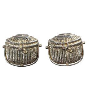 Nantucket Basket Clip On Earrings Silver Gold Tone Signed Bouganvillea Preppy